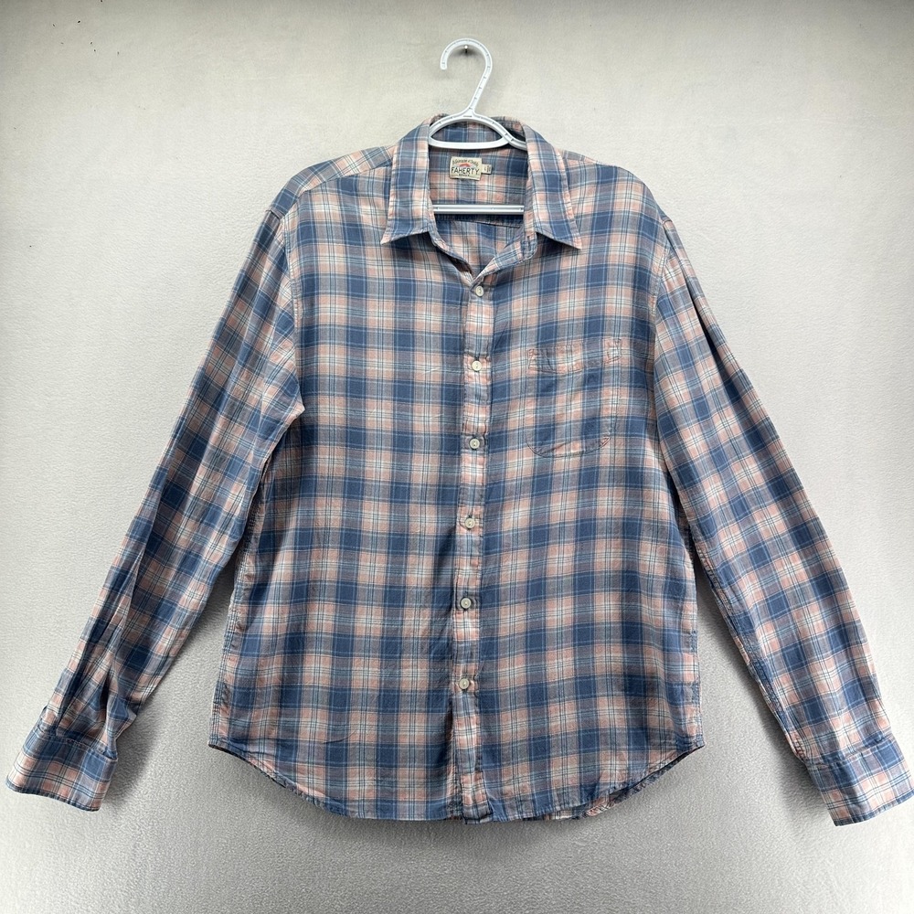 Faherty Shirt Mens Large Blue Pink Plaid‎ Button Front Cotton Casual Long Sleeve